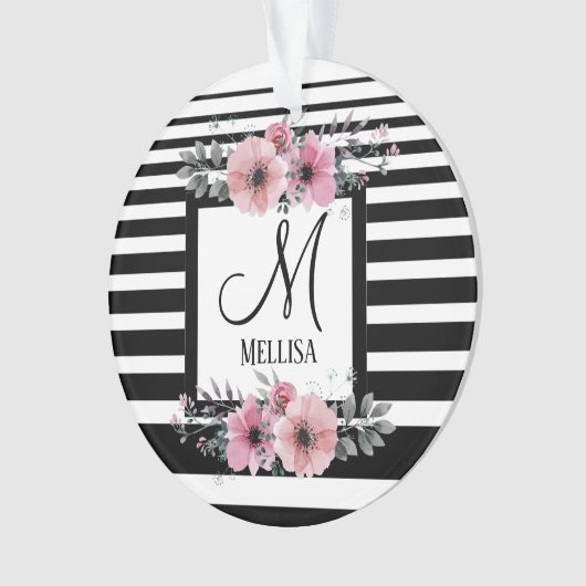 Schwarz-weiße Streifen Rosa Floral Monogramm Ornament (Vorderseite)