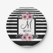 Schwarz-weiße Streifen Rosa Floral Monogramm Pappteller (Vorderseite)