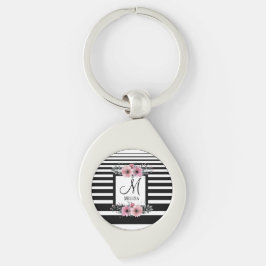 Schwarz-weiße Streifen Rosa Floral Monogramm Schlüsselanhänger