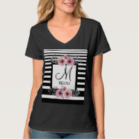 Schwarz-weiße Streifen Rosa Floral Monogramm