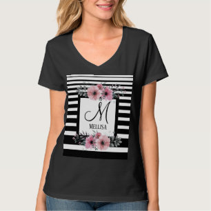 Schwarz-weiße Streifen Rosa Floral Monogramm T-Shirt