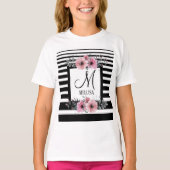 Schwarz-weiße Streifen Rosa Floral Monogramm T-Shirt (Vorderseite)