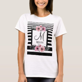 Schwarz-weiße Streifen Rosa Floral Monogramm T-Shirt