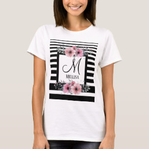 Schwarz-weiße Streifen Rosa Floral Monogramm T-Shirt