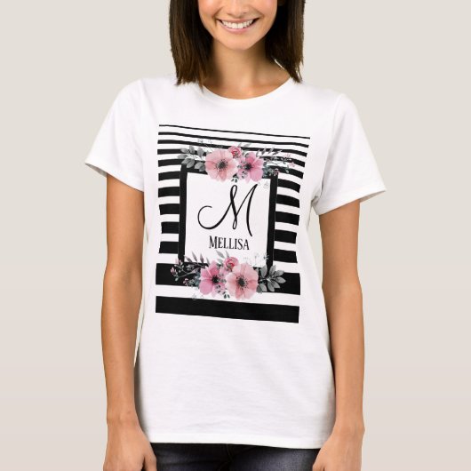 Schwarz-weiße Streifen Rosa Floral Monogramm T-Shirt (Vorderseite)