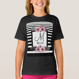 Schwarz-weiße Streifen Rosa Floral Monogramm T-Shirt