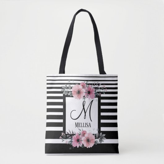Schwarz-weiße Streifen Rosa Floral Monogramm Tasche (Vorderseite)