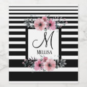 Schwarz-weiße Streifen Rosa Floral Monogramm Weinetikett (Einzelnes Label)
