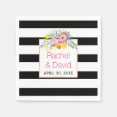 Schwarz-weiße Streifen Rosa Folklore Blume Hochzei Serviette (Vorderseite)