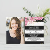 Schwarz-weiße Streifen, rosa Foto Abschluss Einladung (Stehend Vorderseite)