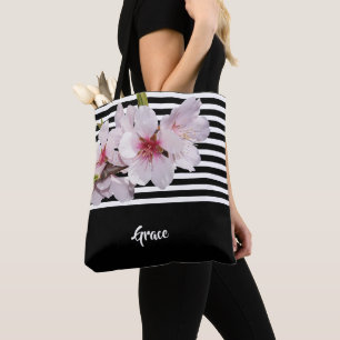 Schwarz-weiße Streifen Rosa Kirschfloralen Name Tasche