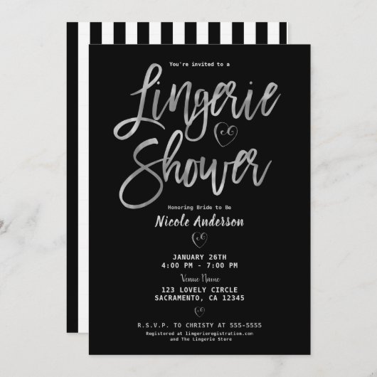 Schwarz-weiße Streifen Rose Gold Pink Lingerie Dus Einladung (Vorne/Hinten)