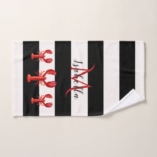 Schwarz-weiße Streifen Rote Hummer Monogramm Badhandtuch Set (Handtuch)