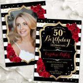 Schwarz-weiße Streifen Rote Rosen Foto 50. Geburts Einladung