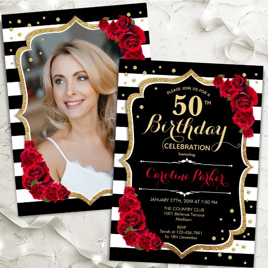 Schwarz-weiße Streifen Rote Rosen Foto 50. Geburts Einladung