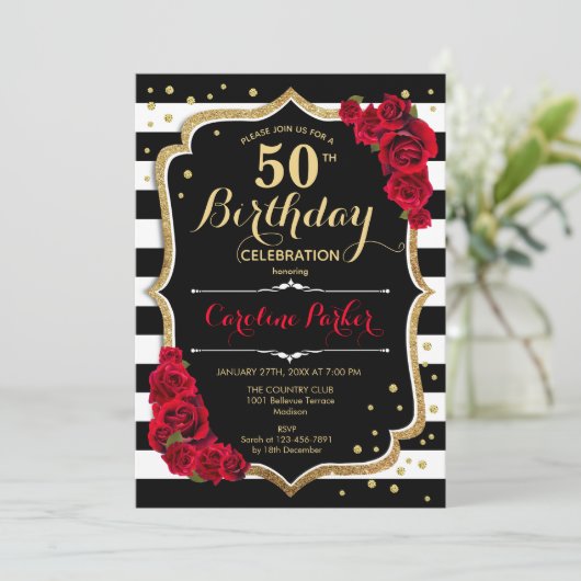 Schwarz-weiße Streifen Rote Rosen Foto 50. Geburts Einladung (Stehend Vorderseite)