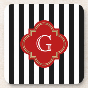 Schwarz-weiße Streifen, rotes Aufkleber-Monogramm Getränkeuntersetzer