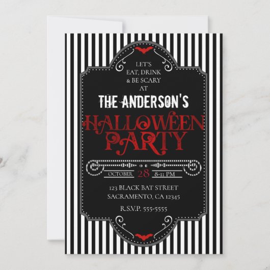 Schwarz-weiße Streifen Rotes Gotisches Halloween-P Einladung (Vorderseite)