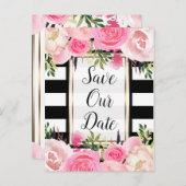 Schwarz-weiße Streifen Save the Date rosa Blütenfa Ankündigungspostkarte (Vorne/Hinten)