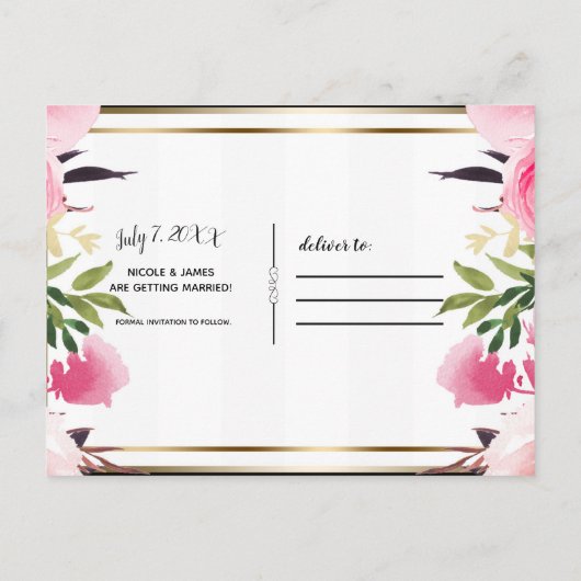 Schwarz-weiße Streifen Save the Date rosa Blütenfa Ankündigungspostkarte (Rückseite)