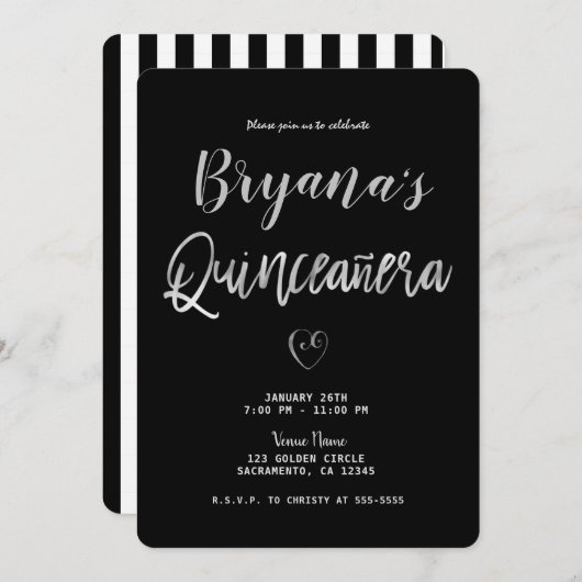 Schwarz & Weiße Streifen Silberherz 15 Quinceañera Einladung (Vorne/Hinten)