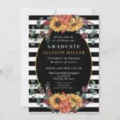 Schwarz-weiße Streifen Sonnenblumen Graduierungspa Einladung (Vorderseite)