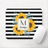 Schwarz-weiße Streifen Sonnenblumenmonogramm Mousepad (Mit Mouse)