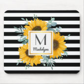 Schwarz-weiße Streifen Sonnenblumenmonogramm Mousepad (Vorne)