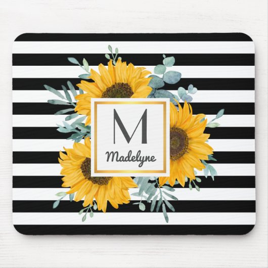 Schwarz-weiße Streifen Sonnenblumenmonogramm Mousepad (Vorne)