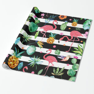 Schwarz-weiße Streifen Tropische Blumen und Vögel Geschenkpapier