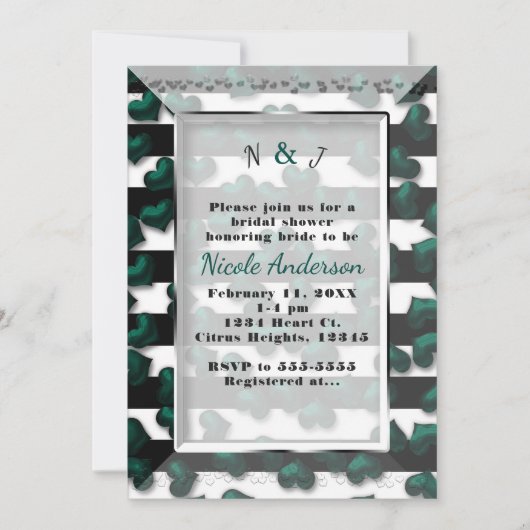 Schwarz-weiße Streifen und Emerald Hearts Brautpar Einladung (Vorderseite)