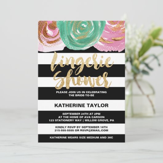 Schwarz-weiße Streifen und Gold Text Lingerie Dusc Einladung (Stehend Vorderseite)