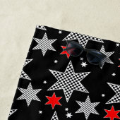 Schwarz-weiße Streifen und rote Sterne auf schwarz Strandtuch (Beispiel)