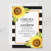 Schwarz-weiße Streifenkarte für Sonnenblumen Einladung (Vorderseite)