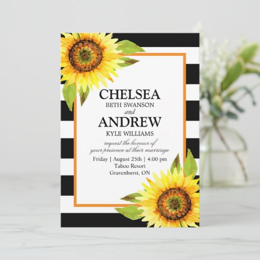 Schwarz-weiße Streifenkarte für Sonnenblumen Einladung (Stehend Vorderseite)