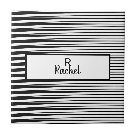 Schwarz-weiße Streifenmuster Abstrakte Monogramme Fliese (Vorderseite)