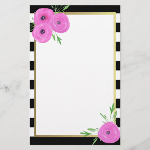 Schwarz-weiße Streifenrosa Ranunculus mit Blumen Briefpapier