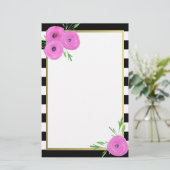 Schwarz-weiße Streifenrosa Ranunculus mit Blumen Briefpapier (Stehend Vorderseite)
