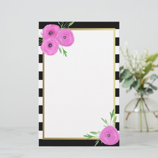 Schwarz-weiße Streifenrosa Ranunculus mit Blumen Briefpapier (Stehend Vorderseite)