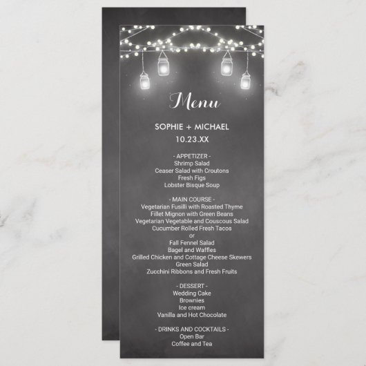 Schwarz-weiße String-Lights des Wedelmenüs Menükarte (Vorne/Hinten)