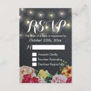Schwarz-weiße String Lights Floral Wedding RSVP Ca