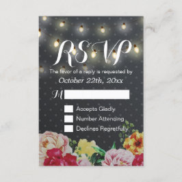 Schwarz-weiße String Lights Floral Wedding RSVP Ca Karte