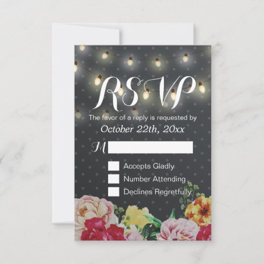 Schwarz-weiße String Lights Floral Wedding RSVP Ca Karte (Vorderseite)
