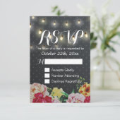Schwarz-weiße String Lights Floral Wedding RSVP Ca Karte (Stehend Vorderseite)