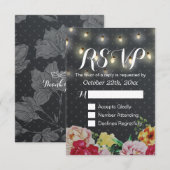 Schwarz-weiße String Lights Floral Wedding RSVP Ca Karte (Vorne/Hinten)