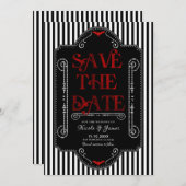 Schwarz-weiße Stripes Red Gothic Bat Hochzeit Save The Date (Vorne/Hinten)