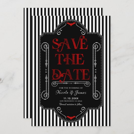 Schwarz-weiße Stripes Red Gothic Bat Hochzeit Save The Date (Vorne/Hinten)