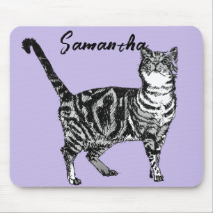 Schwarz-weiße Tabby-Katze Mädchen Name Lila  Mousepad
