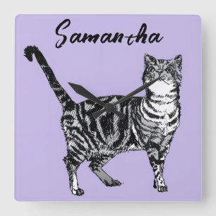 Schwarz-weiße Tabby-Katze Mädchen Name Lila Quadratische Wanduhr