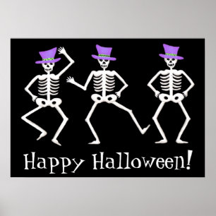 Schwarz-weiße Tanzskelette Happy Halloween Poster